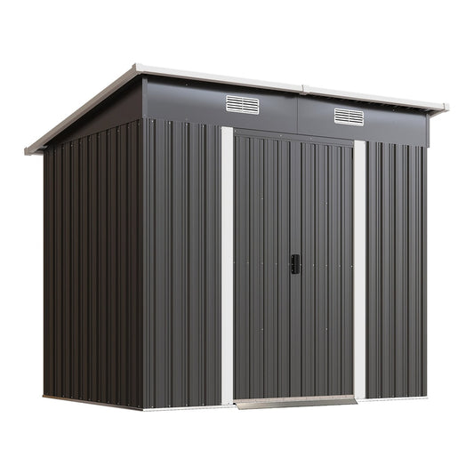 Outsunny Outdoor Storage Shed with Foundation Kit, a black metal garden shed with double doors and a sloped roof