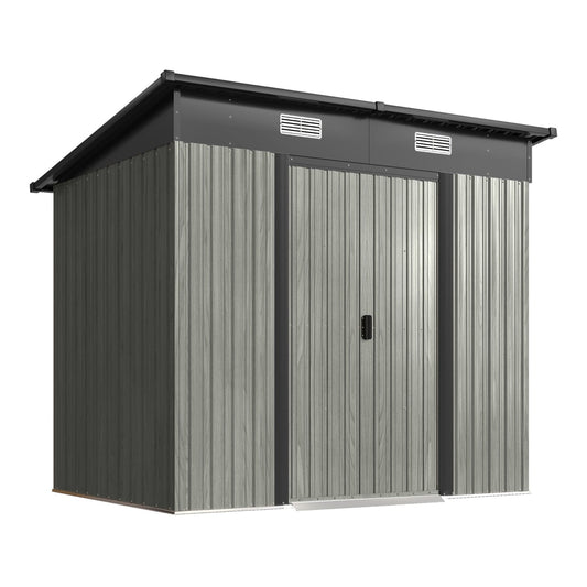 Outsunny Outdoor Storage Shed with Foundation Kit in light grey with a dark roof and double doors