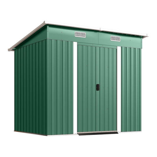 Outsunny Outdoor Storage Shed with Foundation Kit, a green metal garden shed with double doors and a sloped roof