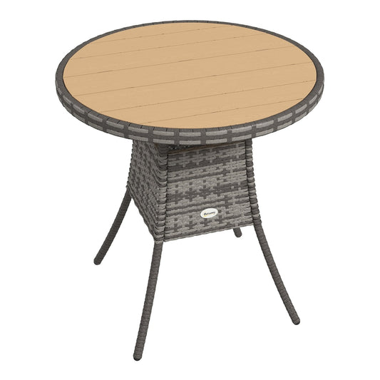 Outsunny 70 cm Wood-Effect Rattan Garden Table - a round table with a wood-effect top and grey rattan base