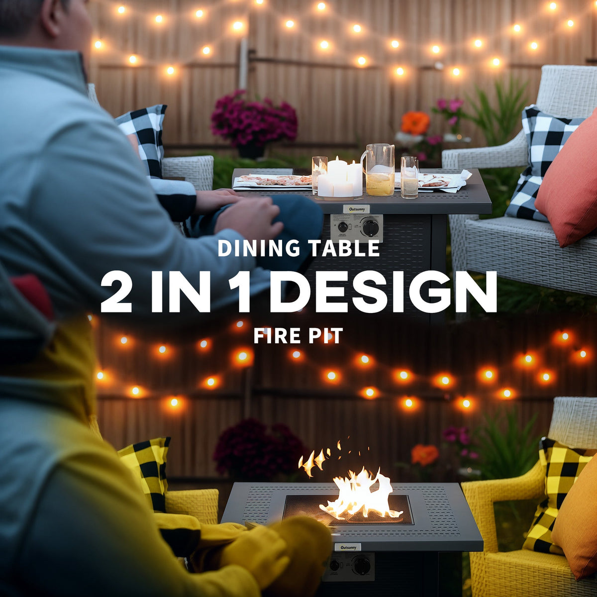 The fire pit shown as a dining table with food and as a lit fire pit in a garden at night