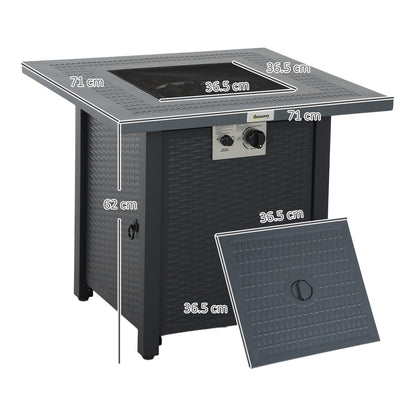 Outsunny 40000 BTU Gas Firepit Table, the square fire pit showing dimensions with a removable lid placed on the ground beside