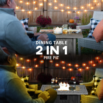 The fire pit table shown as a dining table and then as a fire pit