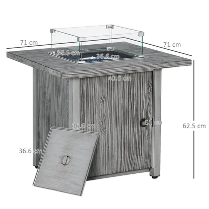 Dimensions of the grey gas fire pit table shown with measurements