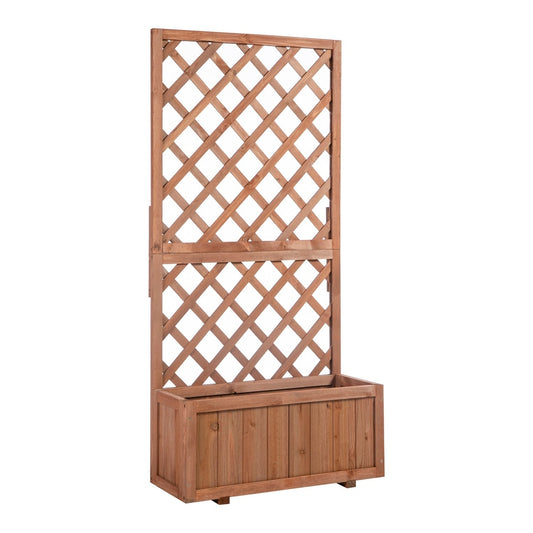 Outsunny 45L Garden Wooden Pine Trough Planter with a tall diamond lattice trellis on a white background