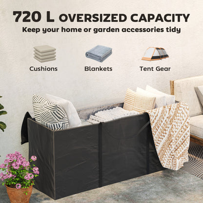The large black garden cushion storage bag is open and filled with cushions, blankets and tent gear