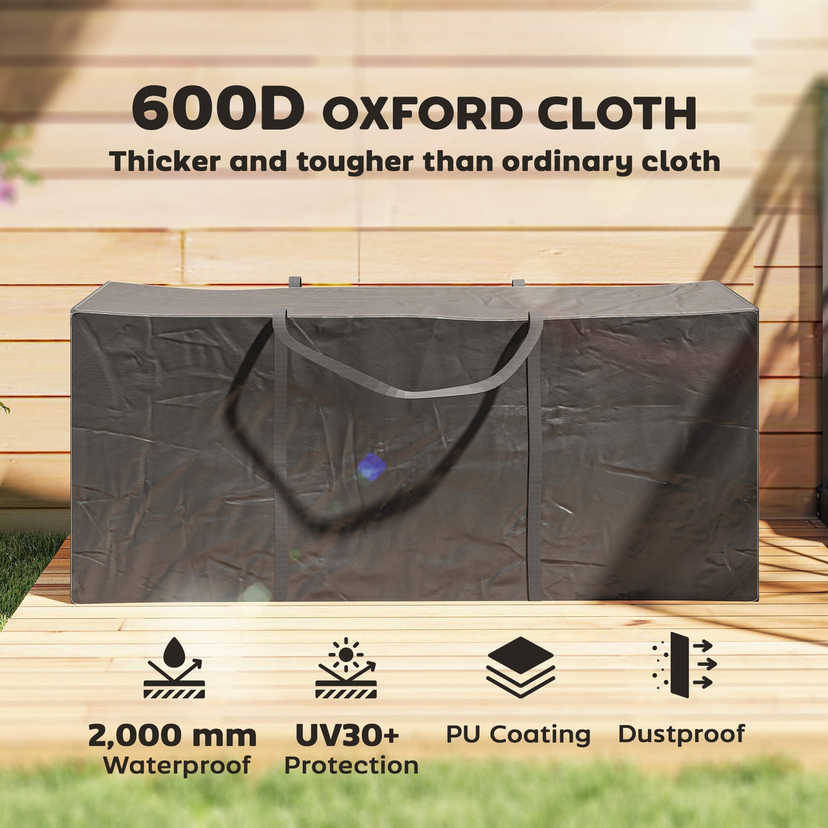 The black garden cushion storage bag shows text about its waterproof and dustproof features