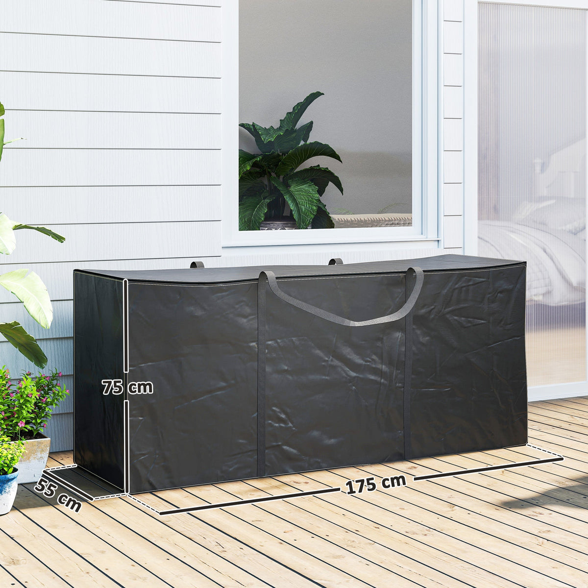 The large black garden cushion storage bag shown with dimensions marked
