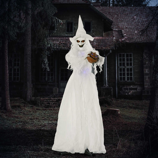 the standing skeleton ghost prop in a garden setting at dusk