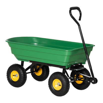 Outsunny 75 Litre Large Garden Cart with a green plastic tub and black frame on four yellow wheels