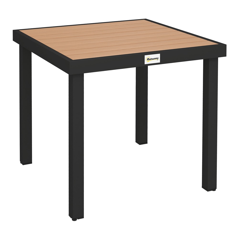 Outsunny 78 cm Garden Dining Table for 4 People, a square table with a natural wood effect top and black legs
