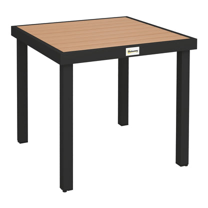 Outsunny 78 cm Garden Dining Table for 4 People, a square table with a natural wood effect top and black legs