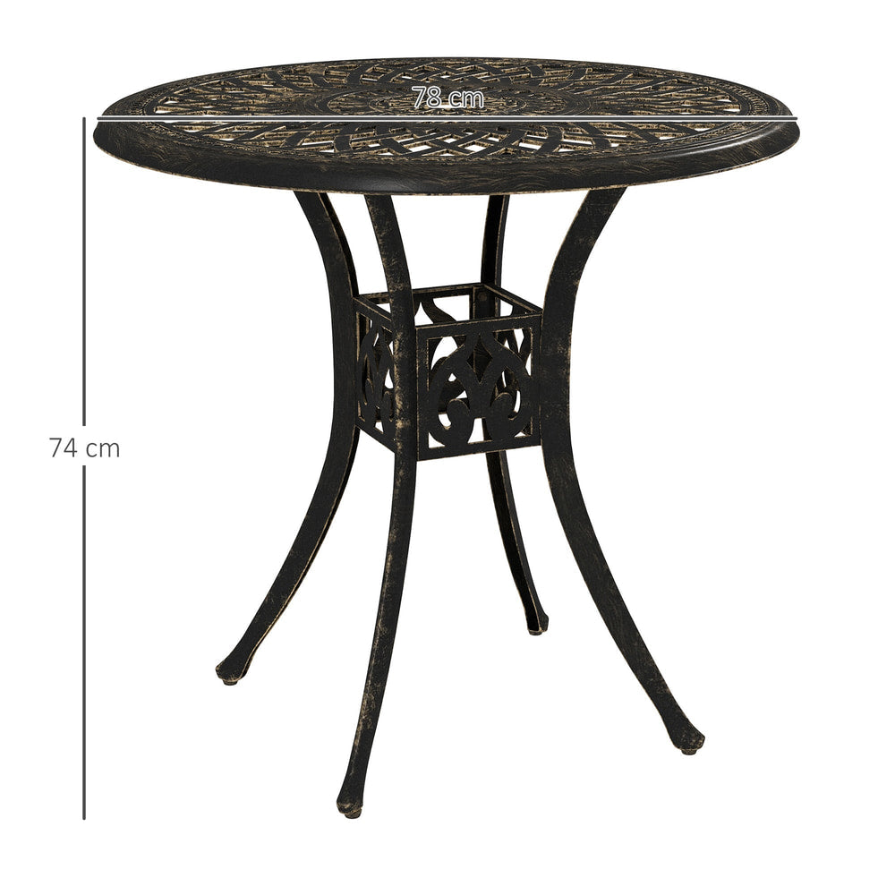 A bronze tone round garden dining table with dimensions shown