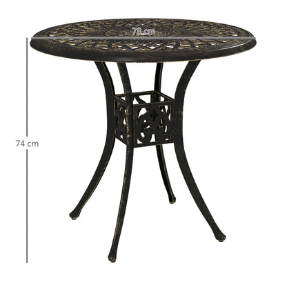 A bronze tone round garden dining table with dimensions shown