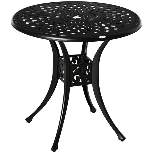 Outsunny 78 cm Round Garden Dining Table with a black ornate pattern and a central parasol hole