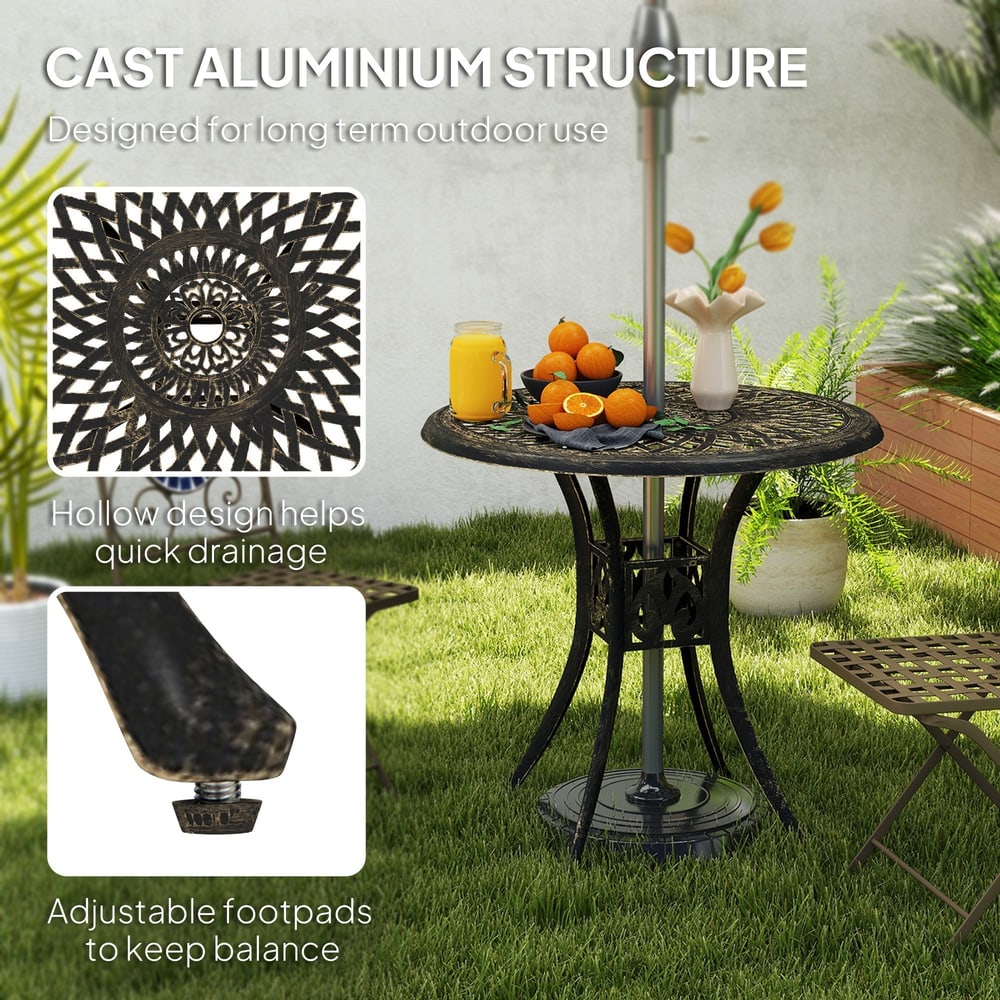 Close up of the adjustable footpads and hollow design of the garden table