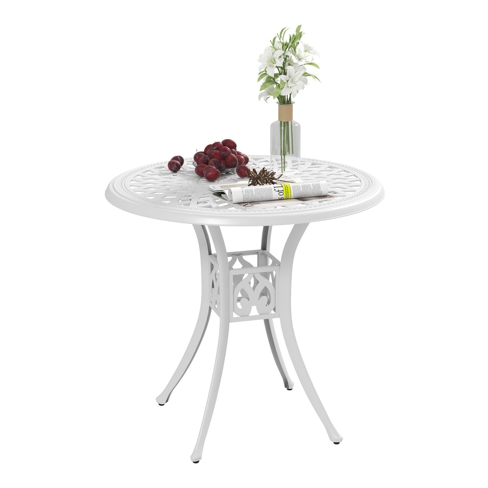 Outsunny 78 cm Round Garden Dining Table, a white cast aluminium table with a decorative top and legs