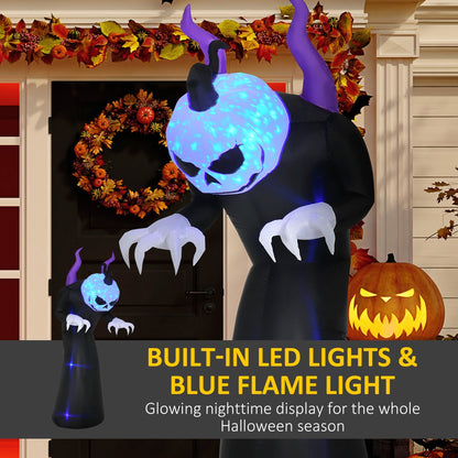 Close up of the inflatable ghost showing its glowing skull face and text about LED lights