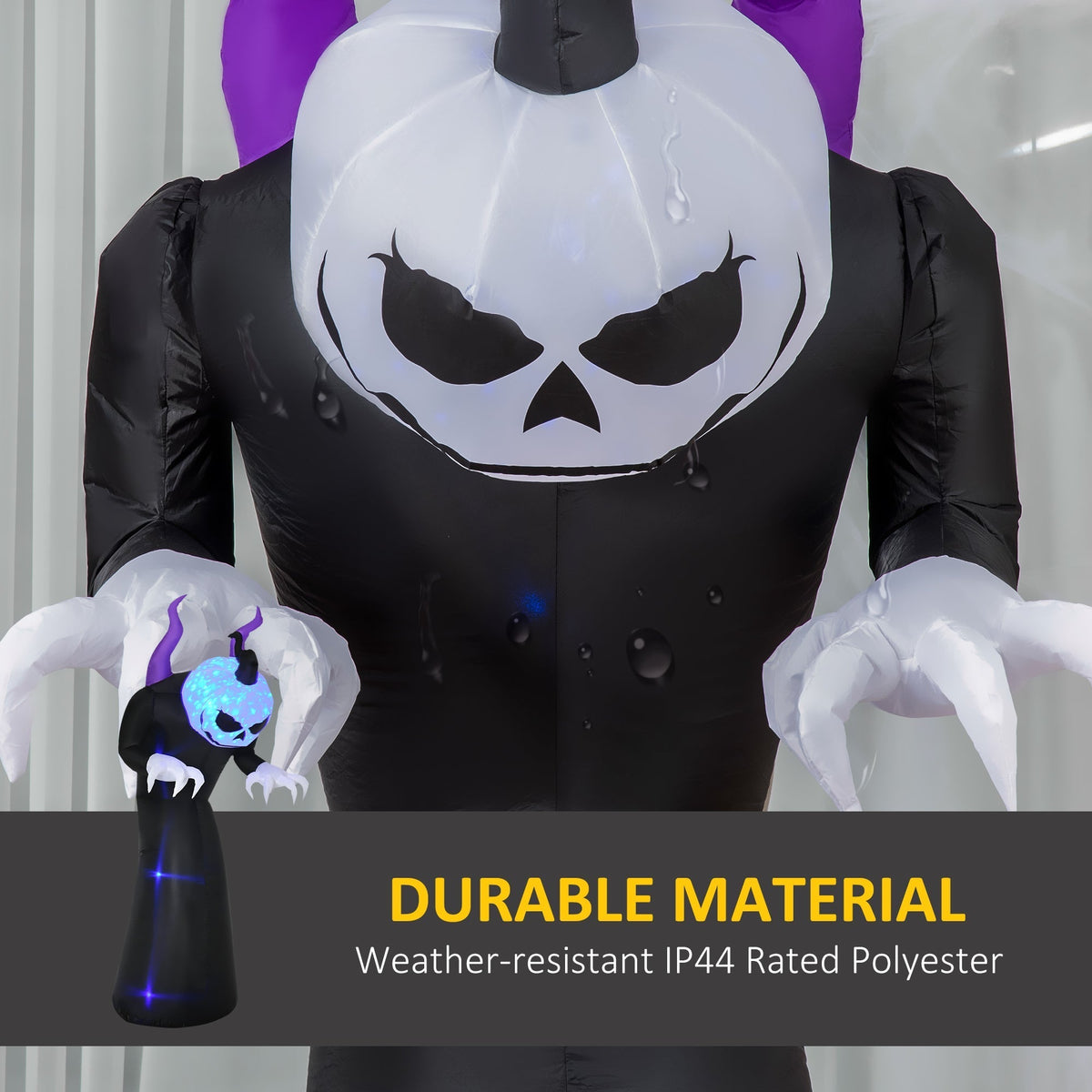 Close up of the inflatable ghost's chest and arms with text about durable material