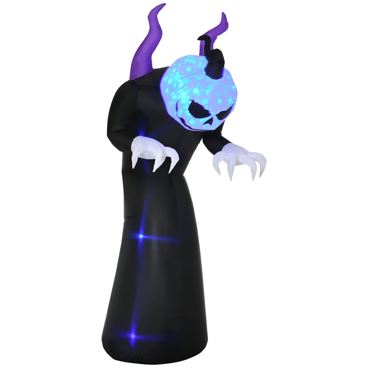 Outsunny 7ft Inflatable Halloween Ghost with Horns, a black robed figure with a glowing skull head and purple horns