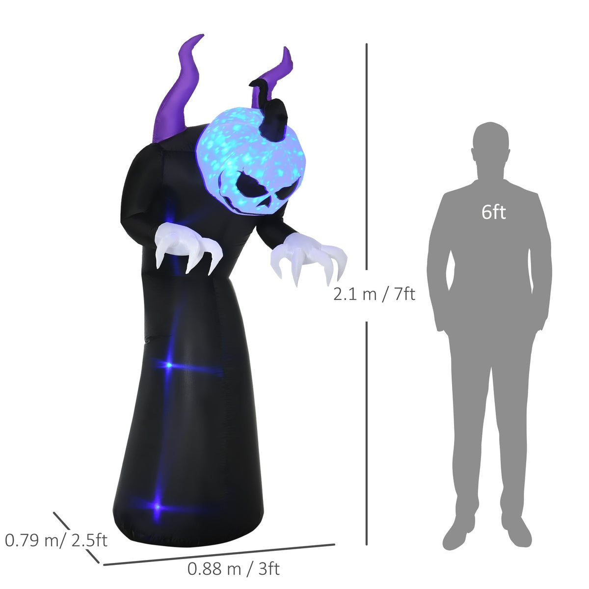Size diagram showing the height of the inflatable ghost compared to a person
