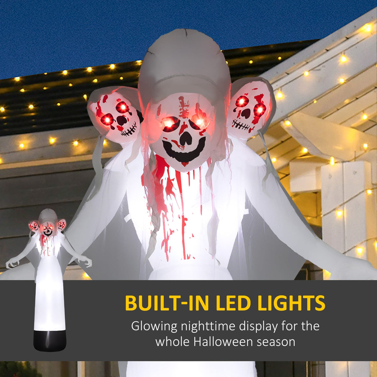 The halloween inflatable showing the bright red glowing eyes and internal lighting