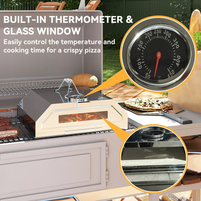 Close up of the built-in thermometer and viewing window of the pizza oven