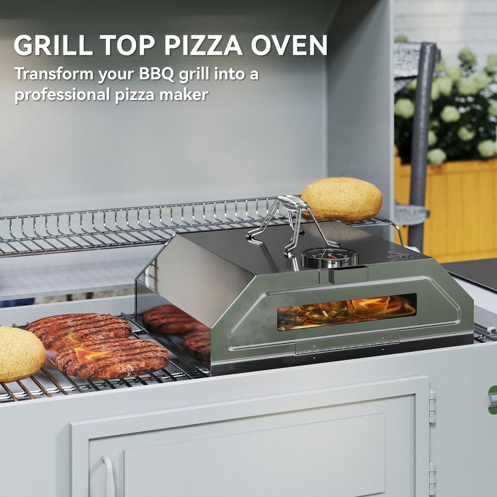 Stainless steel pizza oven on a BBQ grill with text overlay