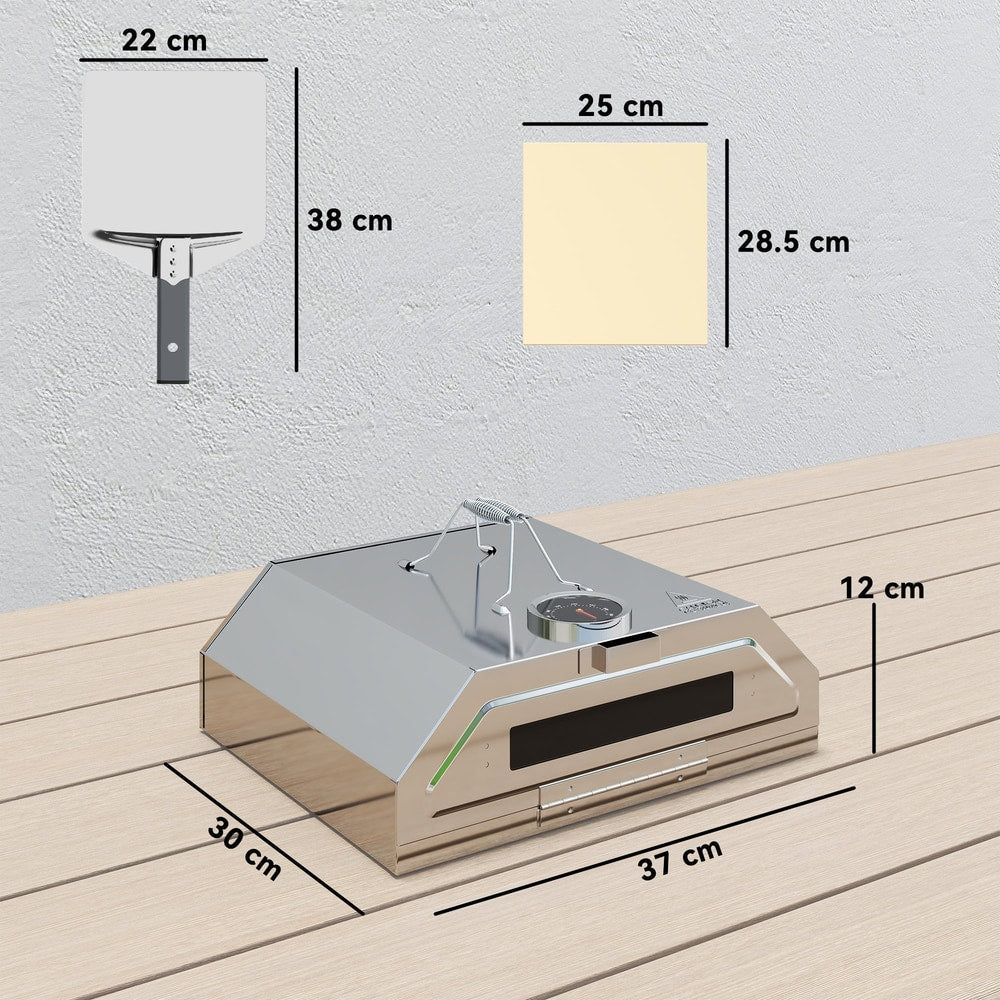 Stainless steel pizza oven with dimensions shown