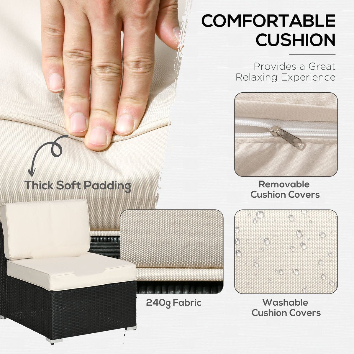 The rattan furniture cushions showing padding and removable cover details