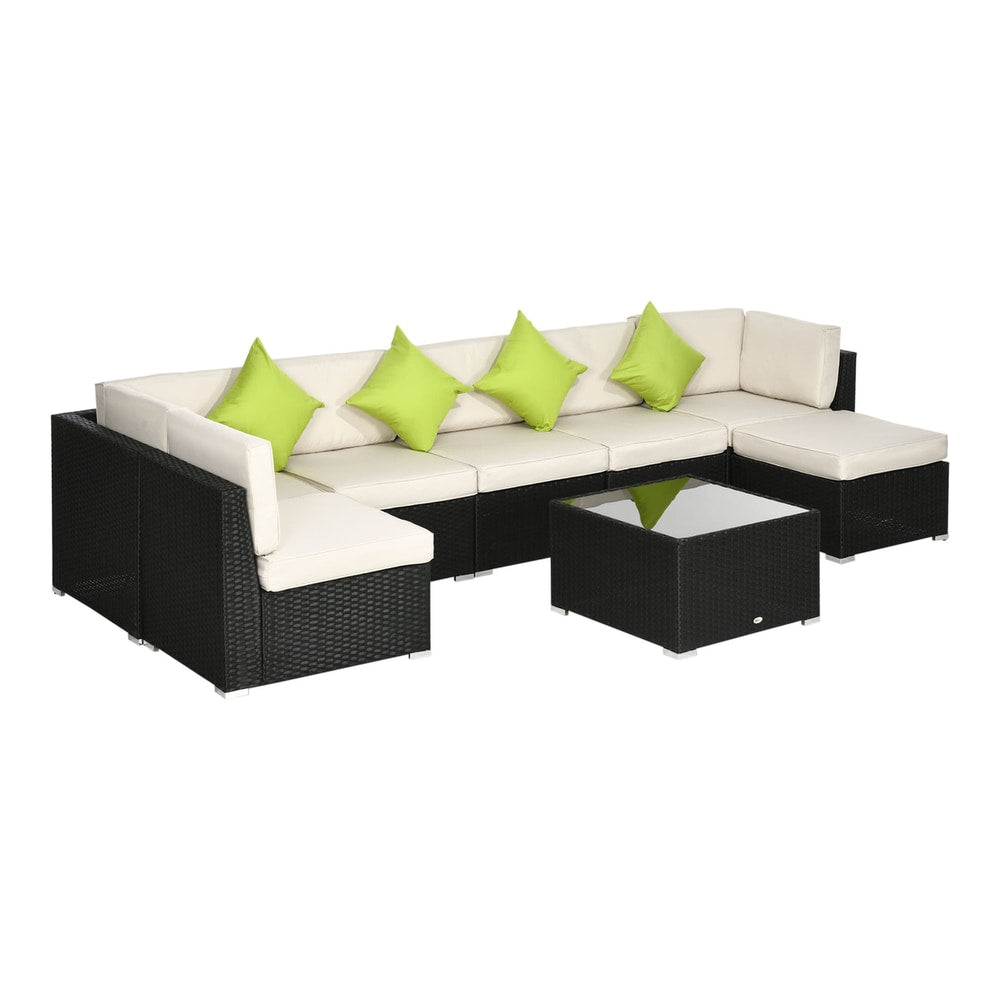 Outsunny 8 Pieces PE Rattan Corner Sofa Set with cream cushions and green scatter cushions