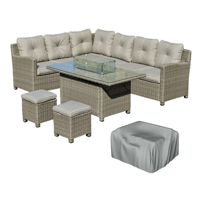 Outsunny 8-Seater Outdoor PE Rattan Sofa Set with L-shape sofa, fire pit table, footstools and cover