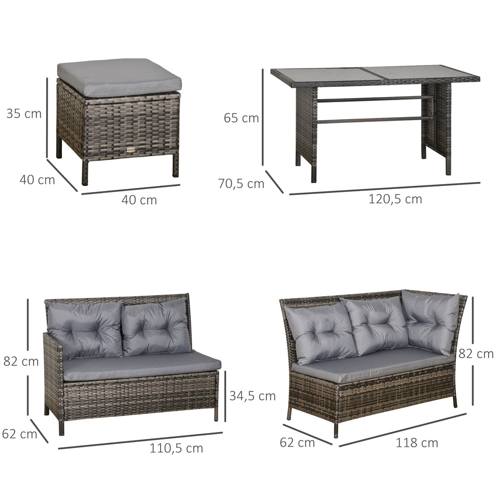 Diagram showing the dimensions of the grey wicker sofa set with table and cushions
