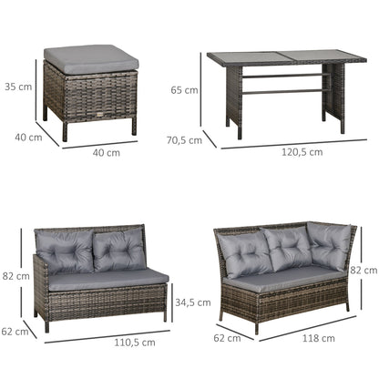 Diagram showing the dimensions of the grey wicker sofa set with table and cushions