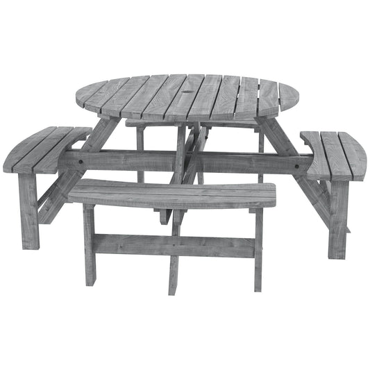 Outsunny 8-Seater Wooden Picnic Set-Fir Wood, a round table with attached benches