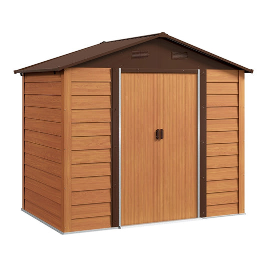 Outsunny Galvanised Steel Shed in brown wood-effect finish with double doors