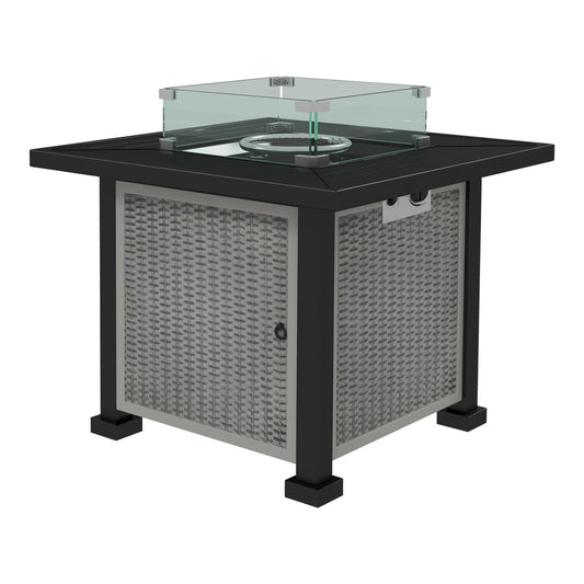 Outsunny 50,000 BTU Gas Fire Pit Table with a glass screen and grey woven side panels