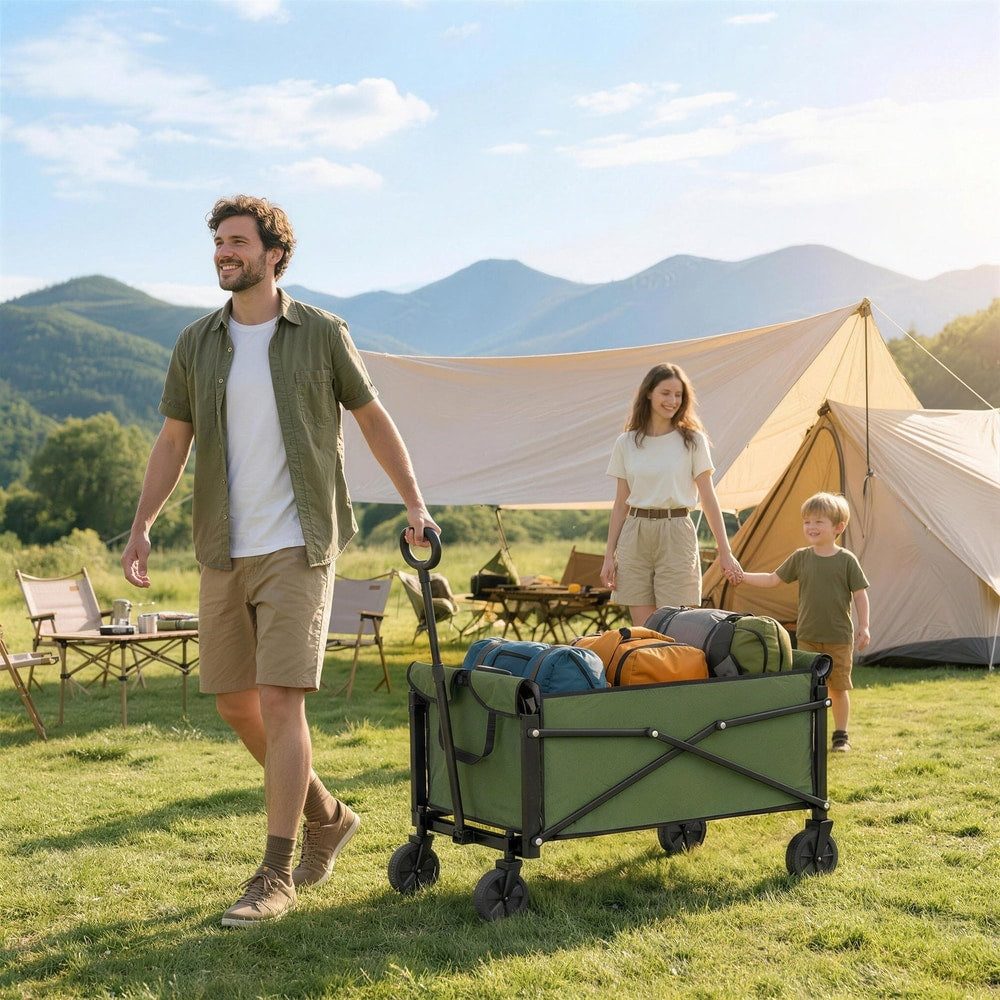 A family uses the green folding garden trolley cart to transport camping gear across a grassy field
