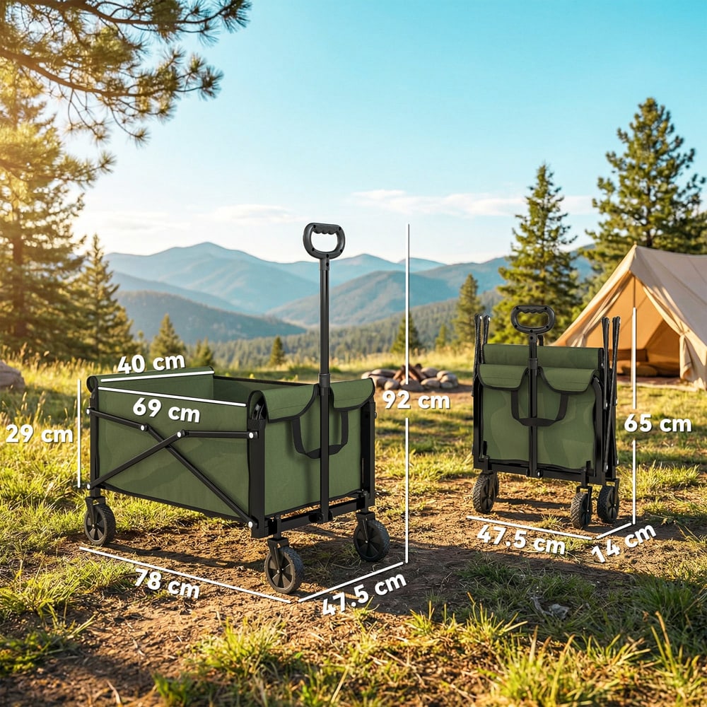 A size diagram showing the green folding garden trolley cart in both its open and folded states