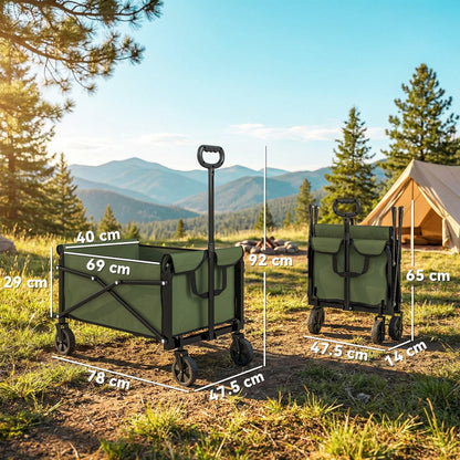 A size diagram showing the green folding garden trolley cart in both its open and folded states