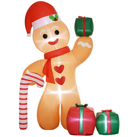 Outsunny 8ft Inflatable Gingerbread Christmas Decoration standing with presents and a candy cane
