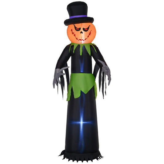 Outsunny 8ft Light-Up Pumpkin Man Halloween Decoration inflatable figure with a black top hat and green tattered cape