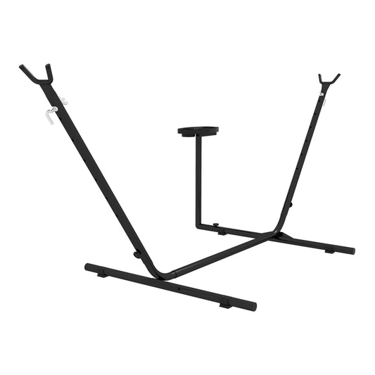 Outsunny 9.4ft Hammock Stand with Side Tray Stand, a black metal frame with a central support and two curved legs