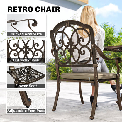 The garden dining set chair showing close-ups of the armrests, backrest, seat and foot pads