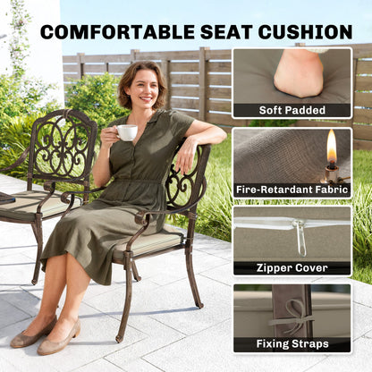 The garden dining set cushions featuring close-up details of padding, fabric, zips and straps
