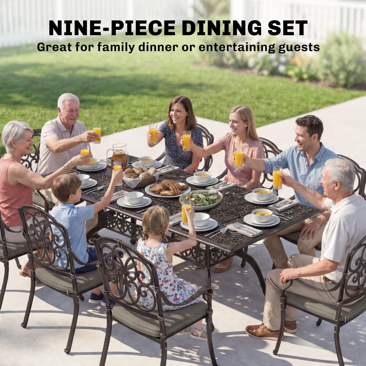 The garden dining set in use by a family enjoying an outdoor meal on a sunny day