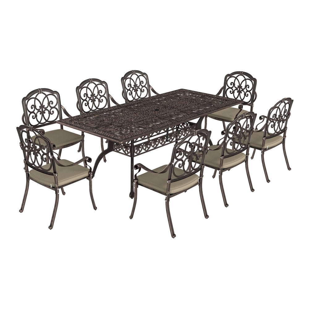 Outsunny 9 Piece Cast Aluminium Garden Dining Set with eight chairs and a rectangular table