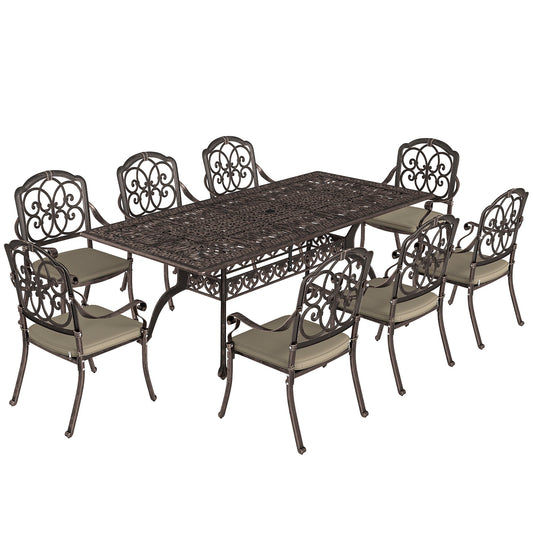 Outsunny 9 Piece Cast Aluminium Garden Dining Set with eight chairs and a rectangular table