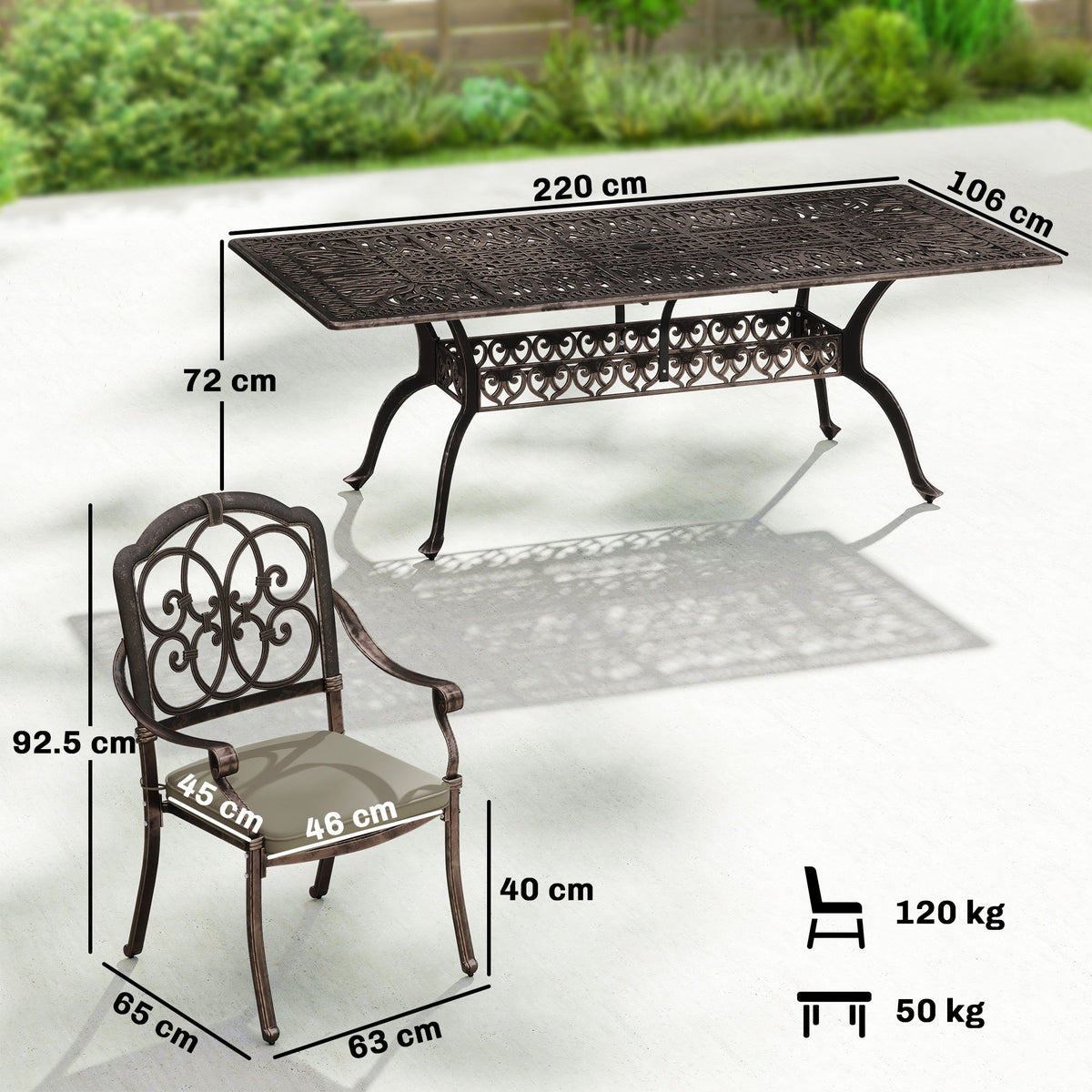 The garden dining set showing dimensions for the table and chair with weight capacity labels