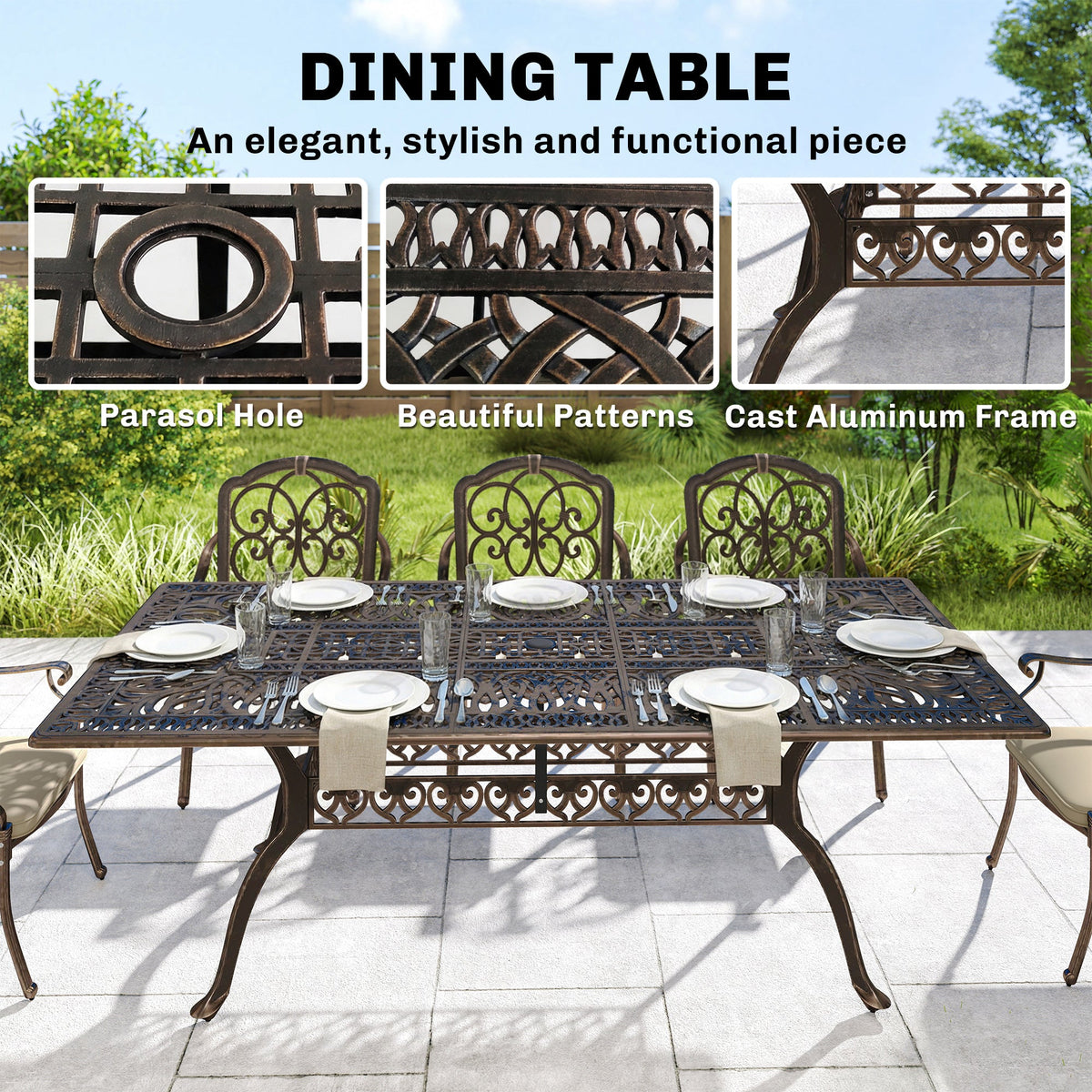 The garden dining set table highlighting the parasol hole, ornate patterns and metal frame